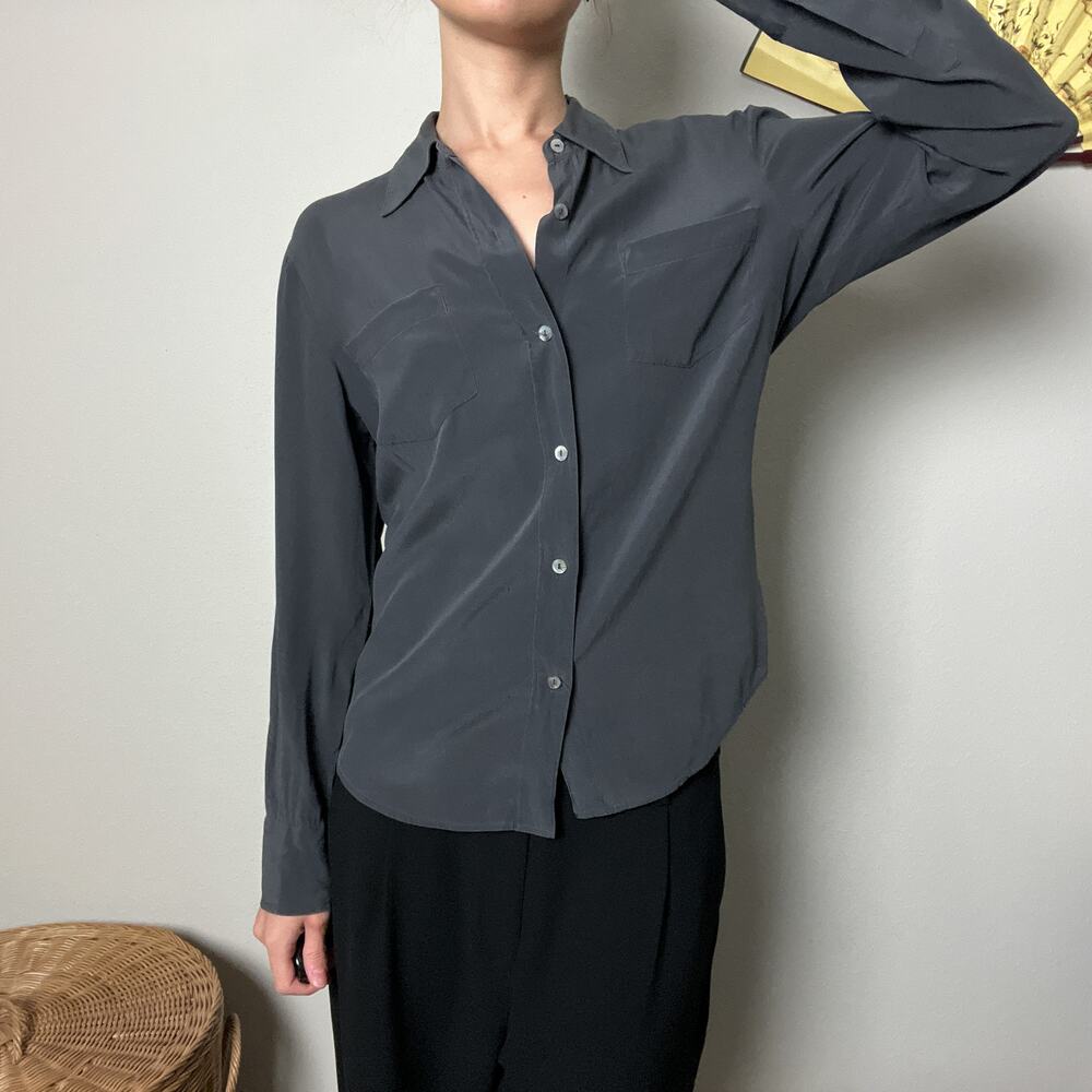 90s vintage express gray silk minimalist collared button shirt blouse top